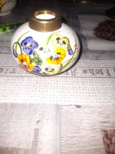 5 Beautiful Old Ceramic Oil Lamps, Painted with Orange, Yellow, and Blue Pansies Postage Available