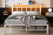 Double Bed Frame with Storage Headboard,4ft6 Bed Frame Double Bed Base with Charging Station and LED Lights,Metal Platform Double Bed 135x190,Mattress Base No Box Spring Needed,No Noise,White