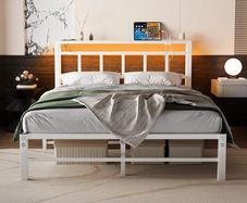 Double Bed Frame with Storage Headboard,4ft6 Bed Frame Double Bed Base with Charging Station and LED Lights,Metal Platform Double Bed 135x190,Mattress Base No Box Spring Needed,No Noise,White
