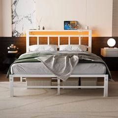 Double Bed Frame with Storage Headboard,4ft6 Bed Frame Double Bed Base with Charging Station and LED Lights,Metal Platform Double Bed 135x190,Mattress Base No Box Spring Needed,No Noise,White