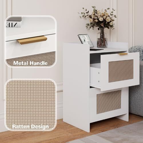 Bedside Table with Charging Station, Rattan Nightstand with 2 Storage Drawers, Side Table with Golden metal handle for Bedroom, Living Room Study,40x30x60cm(White)