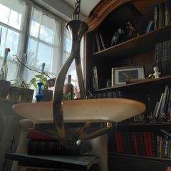 Antique French brass ceiling light with glass shade