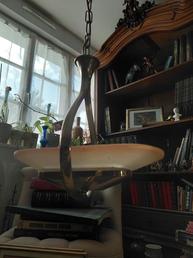 Antique French brass ceiling light with glass shade