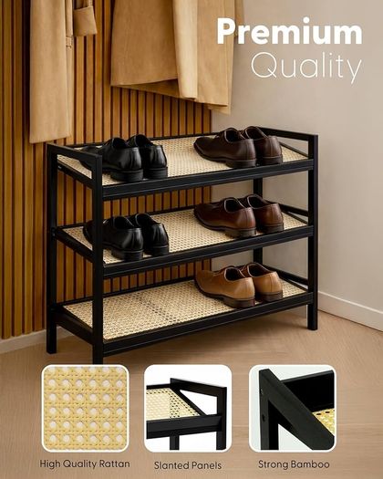 3 Tier Bamboo and Rattan Shoe Organiser Rack  Eco Friendly, Durable, Easy Assembly Compact Design for Entryway, Closet, or Hallway  Stylish and Functional Storage Black and Natural
