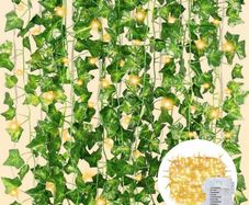 12 Pack 120 LEDs Artificial Ivy Garland,Fake Ivy Garland Vines Green Leaves Hanging Vine Fake Plants with String Lights for Wedding Party Garden Wall Decoration