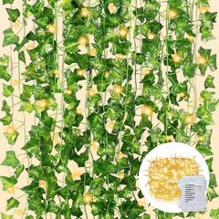 12 Pack 120 LEDs Artificial Ivy Garland,Fake Ivy Garland Vines Green Leaves Hanging Vine Fake Plants with String Lights for Wedding Party Garden Wall Decoration