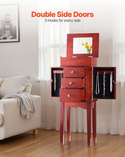 Jewelry Cabinet Standing Wood Jewelry Storage Chest with 3 Drawers, Flip Top Mirror