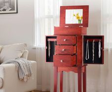 Jewelry Cabinet Standing Wood Jewelry Storage Chest with 3 Drawers, Flip Top Mirror