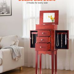 Jewelry Cabinet Standing Wood Jewelry Storage Chest with 3 Drawers, Flip Top Mirror