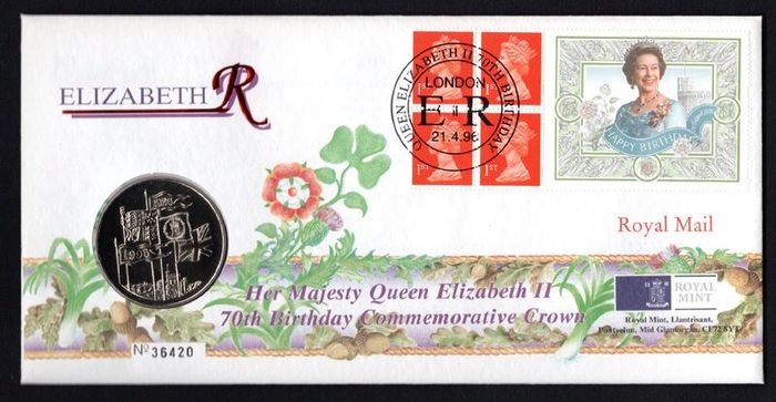 1996 Great Britain Her Majesty Queen Elizabeth II 70th Birthday Commemorative Crown with UK5 Coin and booklet pane Cover (Philatelic Numismatic Cover) PNC