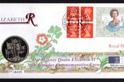 1996 Great Britain Her Majesty Queen Elizabeth II 70th Birthday Commemorative Crown with UK5 Coin and booklet pane Cover (Philatelic Numismatic Cover) PNC