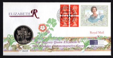 1996 Great Britain Her Majesty Queen Elizabeth II 70th Birthday Commemorative Crown with UK5 Coin and booklet pane Cover (Philatelic Numismatic Cover) PNC