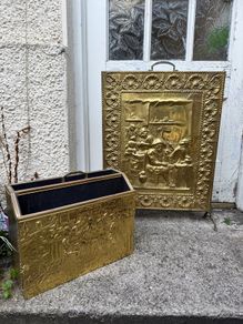 Vintage Brass Fire Screen and Magazine Rack Set