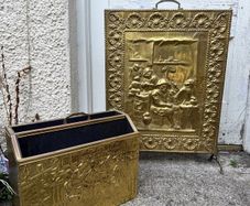 Vintage Brass Fire Screen and Magazine Rack Set