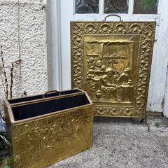 Vintage Brass Fire Screen and Magazine Rack Set