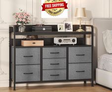 7-Drawer Fabric Chest Of Drawers for Bedroom - 4 Large and 3 Small Drawers with Handles, Storage Organizer with Open Shelf & Sturdy Metal Frame, Ideal for Living Room/Entryway (Deep Gray)