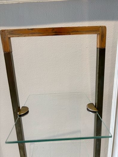 Vintage Mid-Century 4-Tier Brass & Glass Etagere Shelf Unit with Wooden Handle Accent