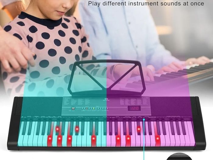 61 Key Electronic Keyboard Piano with Lighted up Keys,LCD,Headphones,X-Stand,Stool,Music Rest,Microphone,Note Stickers,Built-In Speakers,3 Teaching Modes,Ideal for Beginner Adult (Black with Stool)