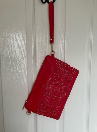 Never used  Red/ dark orange colour with gold beads and silver glitter details