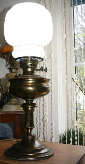 Vintage 1800s Oil Lamp Converted To Electric Oil Gwtw Table Lamp With Milk Glass Shade H-22"