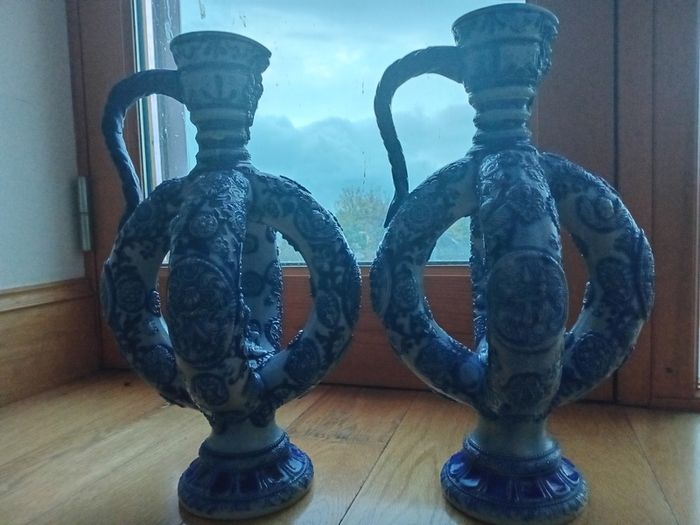 Pair Antique German Cobalt Blue Westerwald Ewers