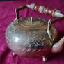 Vintage Solid Brass Art Deco Engraved With Decorations Footed Medium Size Tea Pot With Lid And Wooden Handle Made In India Image 7