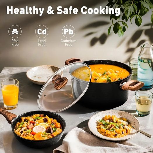 Kitchen Academy Non Stick Cookware, Pots Pans Sets with Lids 15PCS Black Induction Hob Pan Set, Saucepan Set, Granite Cookware, Nonstick Frying Pan, Cooking Pot Pancake Sets Non Toxic for All Hobs
