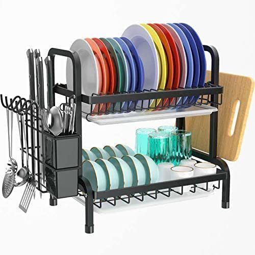 2 Tier Black Dish Drainer Rack, Stainless Steel Dish Drying Rack Kitchen, Dish Drainers Draining Board with Drip Tray, Rust Proof Large Dish Rack Washing Up Sink Drainer Rack