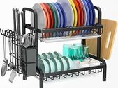 2 Tier Black Dish Drainer Rack, Stainless Steel Dish Drying Rack Kitchen, Dish Drainers Draining Board with Drip Tray, Rust Proof Large Dish Rack Washing Up Sink Drainer Rack