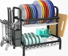 2 Tier Black Dish Drainer Rack, Stainless Steel Dish Drying Rack Kitchen, Dish Drainers Draining Board with Drip Tray, Rust Proof Large Dish Rack Washing Up Sink Drainer Rack