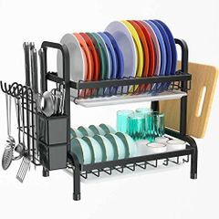 2 Tier Black Dish Drainer Rack, Stainless Steel Dish Drying Rack Kitchen, Dish Drainers Draining Board with Drip Tray, Rust Proof Large Dish Rack Washing Up Sink Drainer Rack