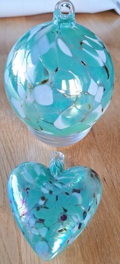 Pale Turquoise Aqua, White and Black Marbled Iridescent Decorative Glass Globe and Heart Hanging Ornaments