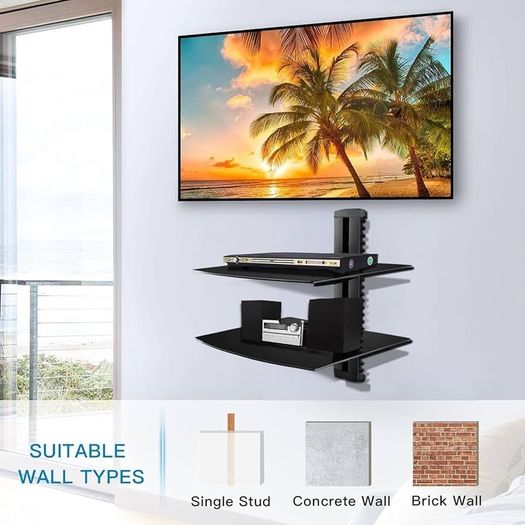 NEW SALE | 2 Floating Shelf Wall bracket with Strengthened Tempered Glass for DVD Players/Cable Boxes/Games Consoles/TV Accessories, 2 Shelves, Black