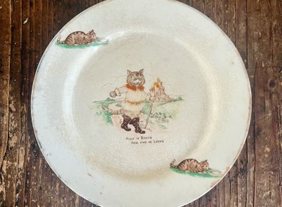 Antique 1930s Arklow Pottery green stamp Puss in Boots small side plate