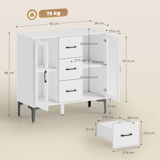Modern sideboard with soft-close doors, buffet cabinet with 3 drawers, 2 glass doors, adjustable shelves, MDF, white