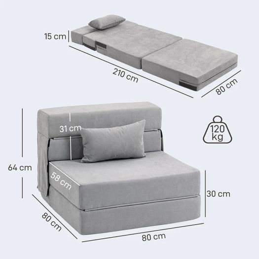 Floor sofa, upholstered couch, convertible to mattress, foam, cushion, Light Gray