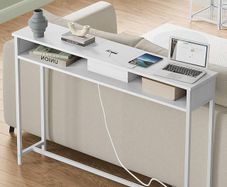 Console Table With Charging Station, Slim Console Table for Hallway, Narrow Table With 2 Compartments, Space-Saving, 25 x 120 x 81 cm, for Living Room, Snow White