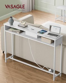 Console Table With Charging Station, Slim Console Table for Hallway, Narrow Table With 2 Compartments, Space-Saving, 25 x 120 x 81 cm, for Living Room, Snow White