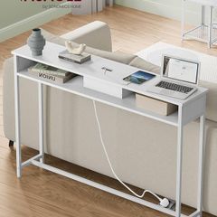 Console Table With Charging Station, Slim Console Table for Hallway, Narrow Table With 2 Compartments, Space-Saving, 25 x 120 x 81 cm, for Living Room, Snow White