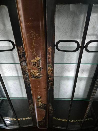 Vintage  Turnige Chinoiserie locking ebonised handpainted cabinet 3 tiers