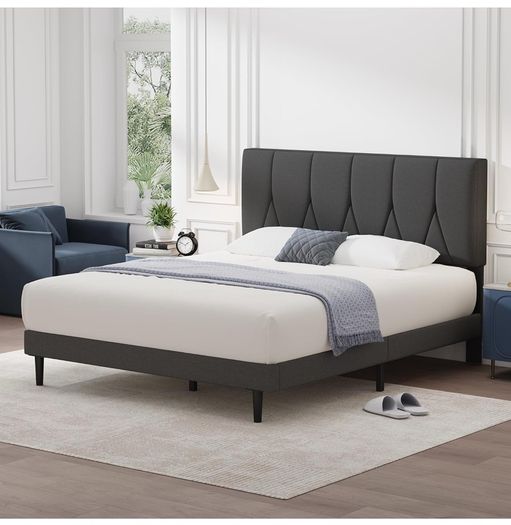 Double Bed Frame, Dark Grey, Upholstered Wooden Slat Bed Frame with Headboard