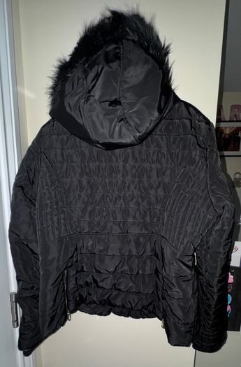 F&F Black Padded Coat with Black Fluffy Hood and Gold Trimmings