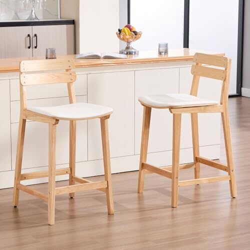 Bar Stools Set of 2 Bar Chairs PU Leather Counter Stools Bistro Stools Made of Wood Kitchen Stools with Backrest for Kitchen Island/Dining Room/Living Room (White)