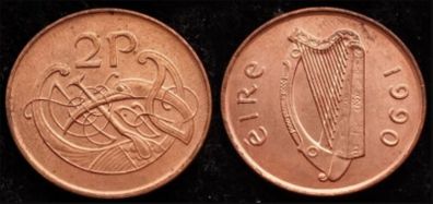 [#2127] - Ireland 1990 | 2 Pence | Irish 2p | KM.21a | UNC