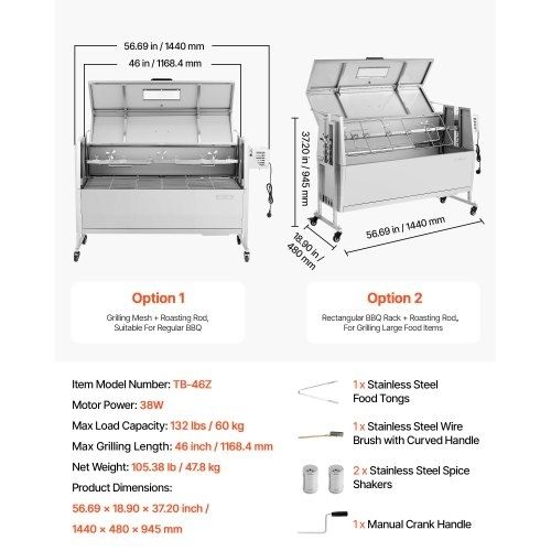Rotisserie Grill, 38W BBQ Outdoor Pig & Lamb Spit Roaster, Charcoal Spit Roaster with 60 kg Capacity, Wheels & 4-Level Height, Stainless Steel Electric Rotisserie Grill Kit for Camping Outdoor