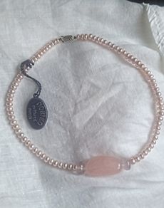 Genuine Noriko cultured pearl & rose quartz necklace with sterling silver clasp