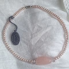 Genuine Noriko cultured pearl & rose quartz necklace with sterling silver clasp