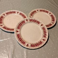 Myott Dinner Plates. Rialto maroon red, gold, 3 plates.