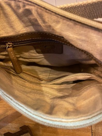 Radley brown leather and beige canvas crossbody bag