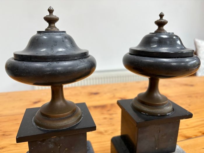 Matching pair of antique marble, slate and brass ornaments.